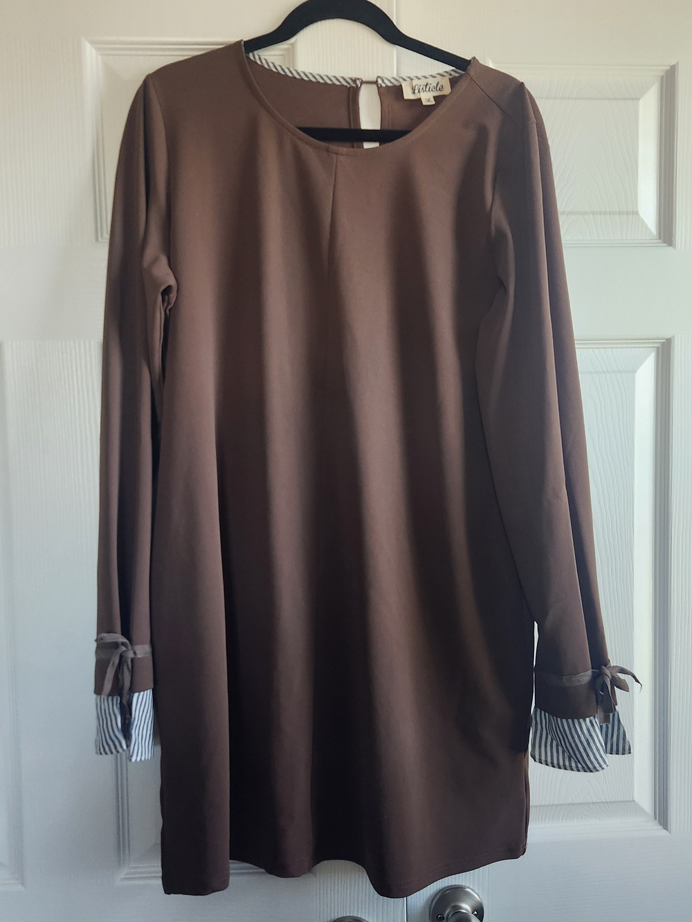 Listicle Brown Long Sleeve Shift Dress with Striped Cuff Detail